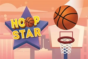 Basketball med kurv og stjerneformet bakgrunn med teksten HOOP STAR