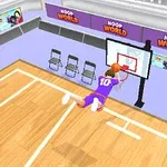 En tegneseriefigur i lilla basketballantrekk hopper for å dunke en basketball på en innendørs bane med publikum i bakgrunnen