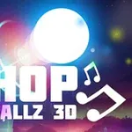 Glødende hvit kule mot en stjernespekket nattbakgrunn med teksten HOP BALLZ 3D og musikknote-symboler
