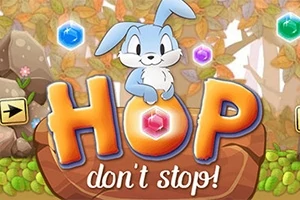 En tegnet blå kanin sitter på teksten HOP dont stop!