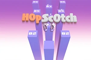 3D-sko plassert på nummererte, lilla søyler med teksten HopScotch i bakgrunnen på en gradient lilla bakgrunn