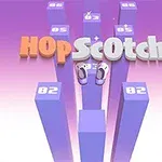 3D-sko plassert på nummererte, lilla søyler med teksten HopScotch i bakgrunnen på en gradient lilla bakgrunn