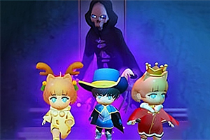 Tre anime-inspirerte figurer i fargerike kostymer foran en mystisk, hooded skikkelse med lilla glødende bakgrunn