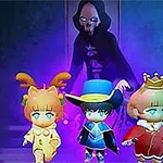 Tre anime-inspirerte figurer i fargerike kostymer foran en mystisk, hooded skikkelse med lilla glødende bakgrunn