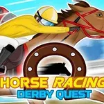 En tegneserieaktig illustrasjon viser en jockey i gul uniform på en brun hest i galopp, med teksten Horse Racing Derby Quest