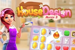 En kvinne med rosa hår og lilla forkle står ved siden av en spillbrett med ulike ikoner og teksten House Design Match 3 i bakgrunnen