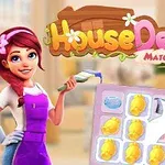 En kvinne med rosa hår og lilla forkle står ved siden av en spillbrett med ulike ikoner og teksten House Design Match 3 i bakgrunnen
