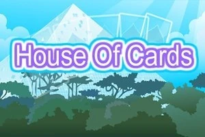 Trekantet struktur laget av kort mot en blå himmel med teksten House Of Cards i lys lilla bokstaver