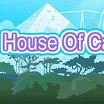 Trekantet struktur laget av kort mot en blå himmel med teksten House Of Cards i lys lilla bokstaver