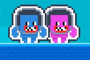 To pixelkarakterer, en blå og en rosa, med hjelmer og store smil står ved siden av hverandre mot en blå bakgrunn