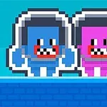 To pixelkarakterer, en blå og en rosa, med hjelmer og store smil står ved siden av hverandre mot en blå bakgrunn