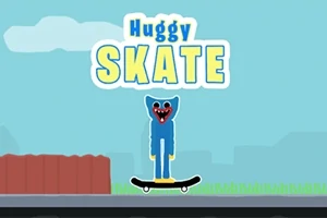 En blå tegneseriefigur med bredt smil står på et skateboard foran teksten Huggy Skate på en bakgrunn med skyer og bygninger