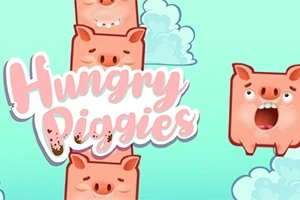 Tegneserieaktige, rosa griser med ulike ansiktsuttrykk og teksten Hungry Piggies på en turkis bakgrunn med skyer