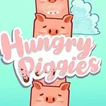 Tegneserieaktige, rosa griser med ulike ansiktsuttrykk og teksten Hungry Piggies på en turkis bakgrunn med skyer