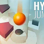 Oransje kule svever over geometriske former med teksten Hyper Jump 3D i hvitt og rosa i øverste høyre hjørne