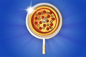 En illustrasjon av en pizza sett ovenfra på en lyseblå bakgrunn, med et forstørrelsesglass som ramme
