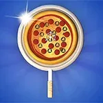 En illustrasjon av en pizza sett ovenfra på en lyseblå bakgrunn, med et forstørrelsesglass som ramme