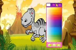 En tegneserieaktig dinosaur står foran et aktivt vulkanlandskap med et fargerikt palettpanel til høyre