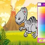 En tegneserieaktig dinosaur står foran et aktivt vulkanlandskap med et fargerikt palettpanel til høyre
