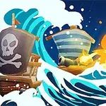 Piratskip med kanoner i kamp på bølgende hav