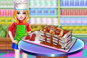 En tegnet jente i kokkehatt står foran et stort kakefat med en lagdelt kake og jordbær i et fargerikt kjøkkenmiljø
