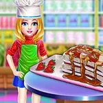 En tegnet jente i kokkehatt står foran et stort kakefat med en lagdelt kake og jordbær i et fargerikt kjøkkenmiljø