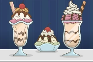 To høye iskremsundae med pynt, krem og kirsebær, sammen med en mindre dessert i bakgrunnen, plassert mot en blå bakgrunn
