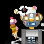 Robot med en åpnet kropp som viser en skjerm, holder iskremer og en bombe på hodet mot en svart bakgrunn