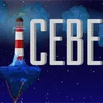 Et fyrtårn står på en flytende isøyle med ordet ICEBERG skrevet i store bokstaver over en nattlig himmel med stjerner