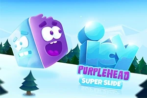 En lilla terning med et ansikt svever over et vinterlandskap, med teksten icy purple head super slide i bakgrunnen