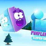 En lilla terning med et ansikt svever over et vinterlandskap, med teksten icy purple head super slide i bakgrunnen