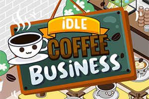 Tegneserieillustrasjon av et kaféskilt med teksten Idle Coffee Business og en smilende kaffekopp
