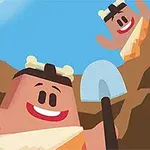 To figurer med smilende ansikter og beinpynt på hodet, hvor en av dem holder en spade i en steinete setting