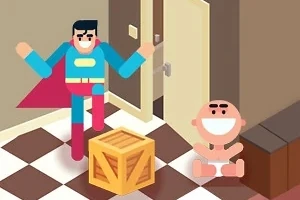 En fargerik tegneseriefigur i superheltdrakt hopper foran en smilende baby som sitter på gulvet ved siden av en tremmekasse