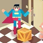 En fargerik tegneseriefigur i superheltdrakt hopper foran en smilende baby som sitter på gulvet ved siden av en tremmekasse