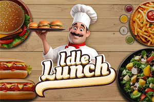 En illustrasjon av en smilende kokk som holder en brett med burgere, omgitt av bilder av hamburgere, pølser, pizza, salat og teksten Idle Lunch på en trebakgrunn