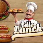 En illustrasjon av en smilende kokk som holder en brett med burgere, omgitt av bilder av hamburgere, pølser, pizza, salat og teksten Idle Lunch på en trebakgrunn