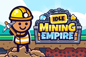En tegneseriefigur i arbeidsklær holder en hakke foran en haug med grå steiner og en fargerik plakat med teksten Idle Mining Empire