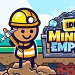 En tegneseriefigur i arbeidsklær holder en hakke foran en haug med grå steiner og en fargerik plakat med teksten Idle Mining Empire