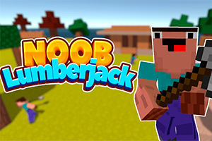 Tegnet karakter i pikselstil med øks, mot bakgrunn av en grønn slette og bygninger, med teksten Noob Lumberjack