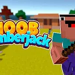 Tegnet karakter i pikselstil med øks, mot bakgrunn av en grønn slette og bygninger, med teksten Noob Lumberjack