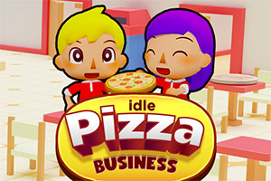 To tegneseriefigurer, en blond gutt og en jente med lilla hår, står foran en stor logo med teksten «idle Pizza BUSINESS» i en lys restaurant med bord og stoler