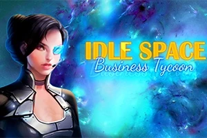 Kvinne i futuristisk antrekk med blått display i bakgrunnen og teksten Idle Space Business Tycoon