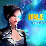 Kvinne i futuristisk antrekk med blått display i bakgrunnen og teksten Idle Space Business Tycoon