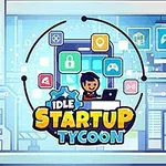 En tegneserieaktig illustrasjon viser en smilende person ved en laptop omgitt av ikoner og teksten Idle Startup Tycoon i sentrum