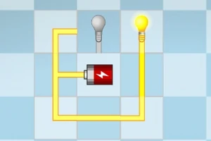 Illustrasjon av et elektrisk kretsoppsett med en batteri, to lyspærer hvorav en lyser, og ledninger som forbinder dem