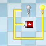 Illustrasjon av et elektrisk kretsoppsett med en batteri, to lyspærer hvorav en lyser, og ledninger som forbinder dem