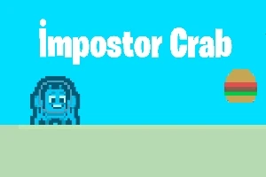 Blå krabbe ved siden av en flytende hamburger på en lys bakgrunn med teksten impostor Crab