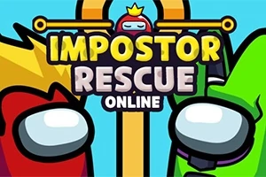 To fargerike tegneseriefigurer med store hjelmer står ved siden av hverandre med teksten Impostor Rescue Online over dem