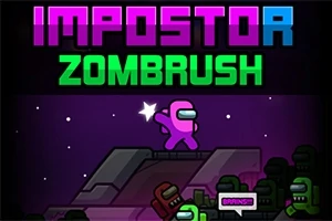 Fargerike tegneseriefigurer i en futuristisk setting med teksten IMPOSTOR ZOMBRUSH